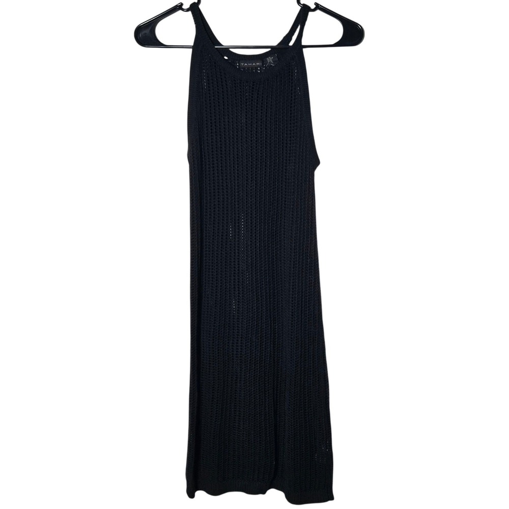 Tahari Black Open Knit Crochet Mini Dress XS Beach Cover Up Fishnet Goth Grunge